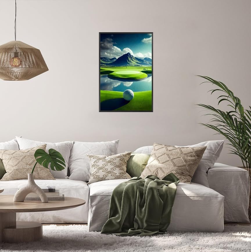 Golf Course Landscape Poster Golfing Sport Site Canvas Wall Art Trendy Ball Grassy Field Aesthetic Prints Painting For Living Room Bedroom Office Wall Decor 16x24in Framed