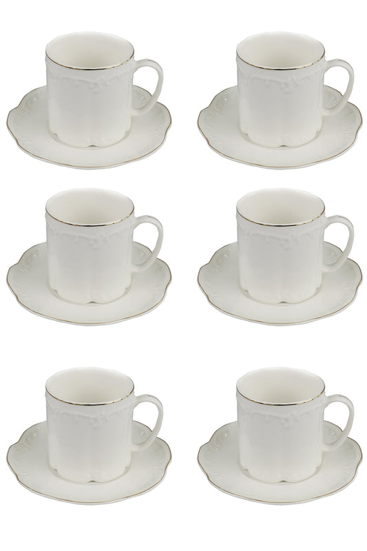 GuangYang 7oz Fine Porcelain Tea Cups and Saucers Set with Gold Trim – Elegant White Embossed Coffee & Tea Cup Set for Afternoon Tea, Cappuccino, Latte, Wedding or Gift