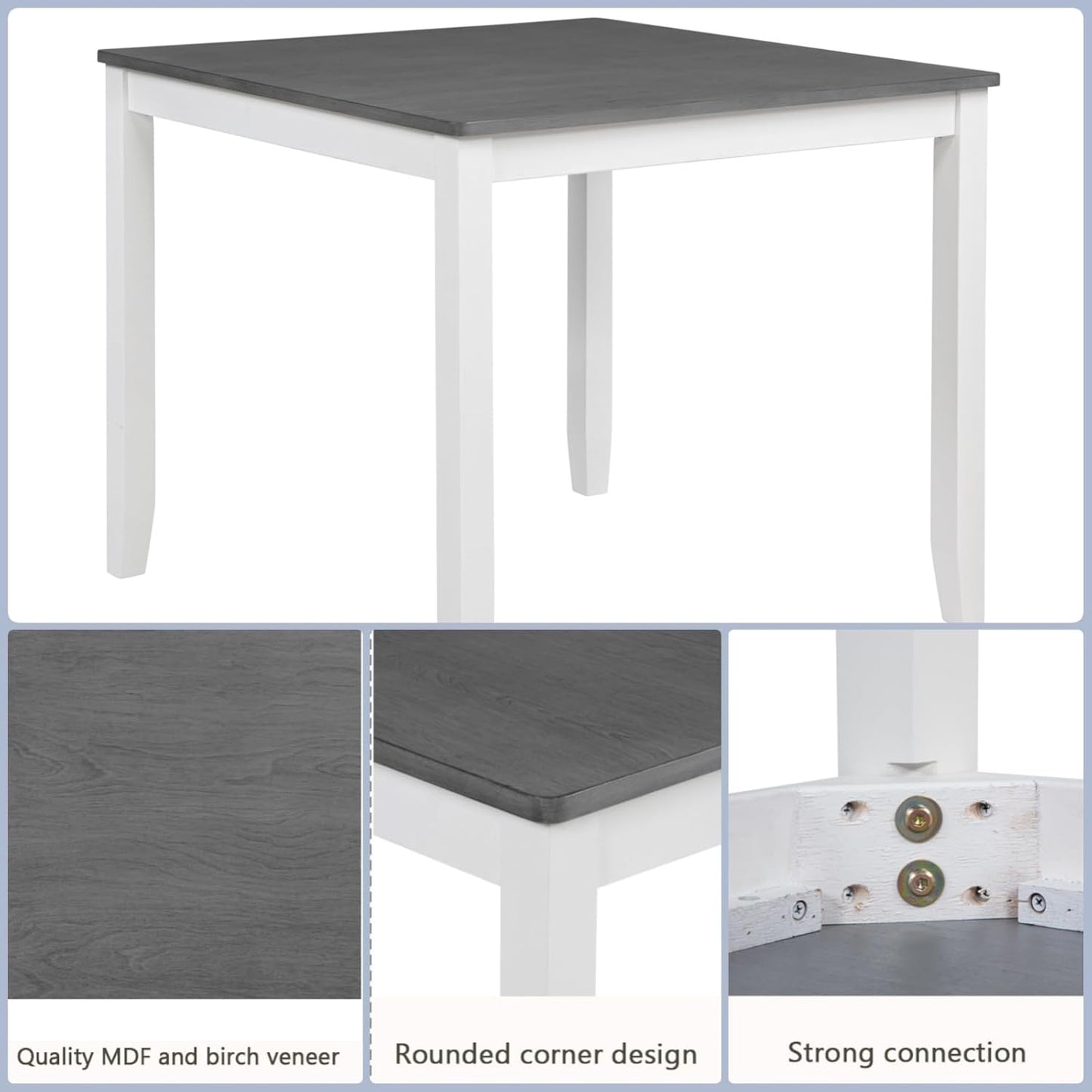 Dining Table Set for 4, 5-Piece Kitchen Table & Chairs Set with Square Table & 4 Fabric Upholstered Chairs, 34.5'' Dinner Set with X-Shaped Backrest & Non-Slip Feet for Kitchen, White&Gray