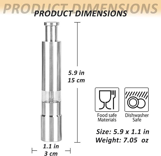 Stainless Steel Salt and Pepper Grinder Set, Manual Refillable Peppercorn Mills with Push Button, Thumb Grinder, Sliver White
