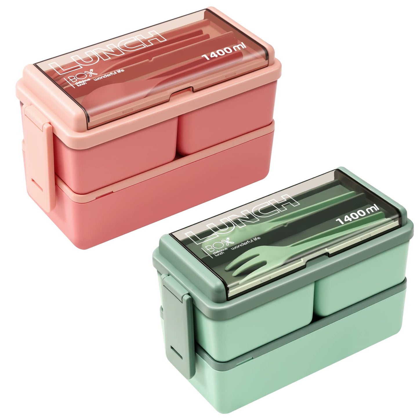 CHZZMS 2 Pack Bento Box Adult Lunch Box,49OZ Leakproof Eco-Friendly Stackable Bento Lunch Box Meal Prep for Dining Out, Work, Picnic, School (green+pink)