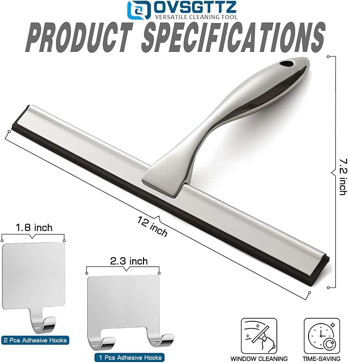 Stainless Steel Shower Squeegee for Glass, Includes 3 Adhesive Hooks, Shower Door Squeegee for Bathroom, Household Window, Car Windshield, Mirrors, Tiles Scrubber Clear, 12 inch, Silver