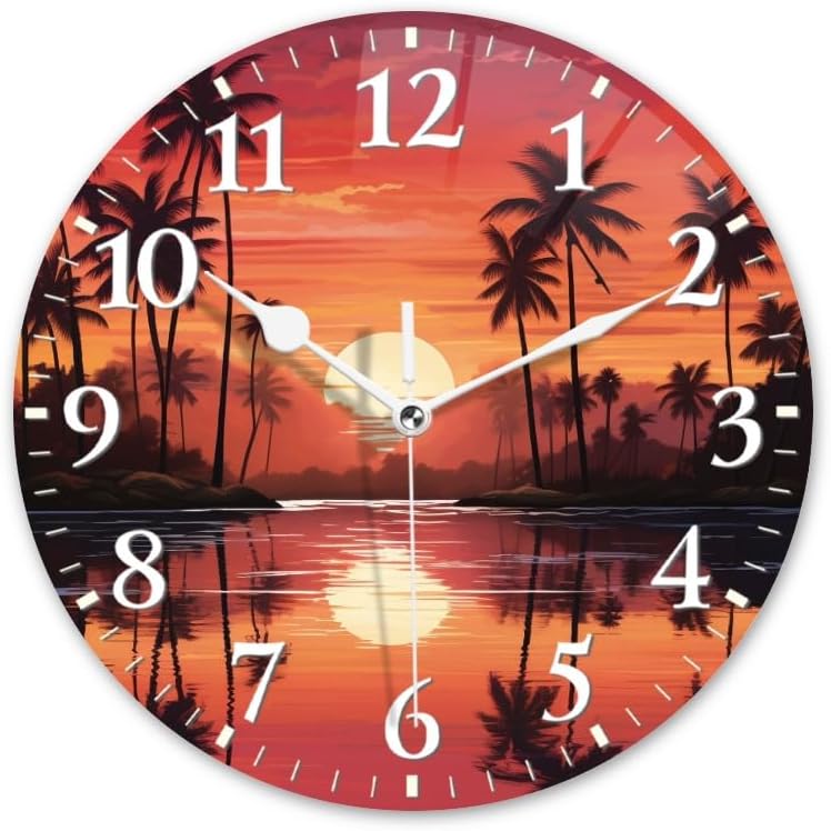 Sunset Wall Clock Non-Ticking Silent Clocks Battery Operated Analog Decor Clock for Home-Sunset with Palm Trees and Reflections On The Water(16inch)