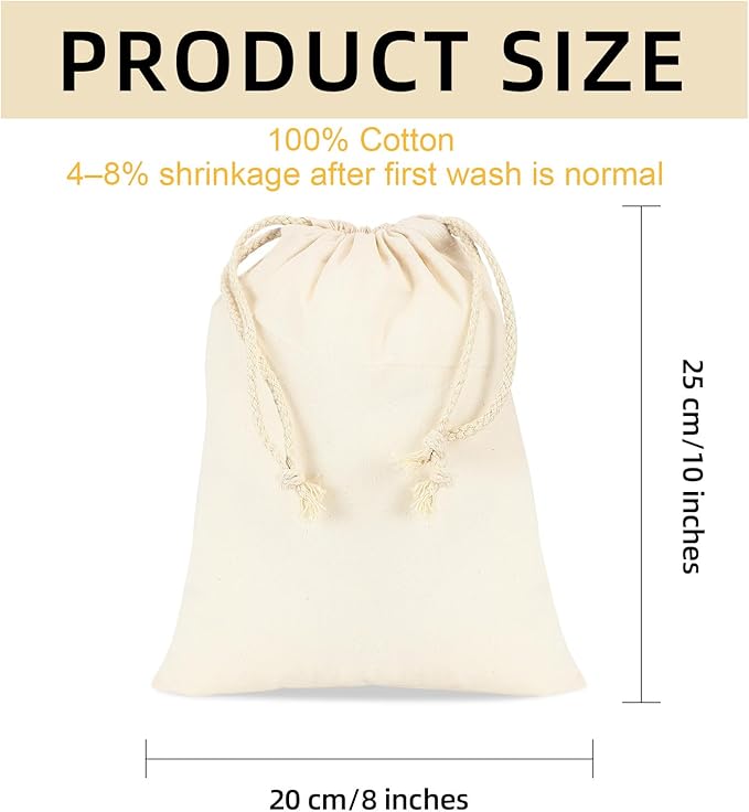 OKBA 12 Pack Cotton Muslin Drawstring Bags 8x10 inch, Reusable Cloth Bags for DIY Projects, Gift Packaging, Produce, Grocery, and Bread Storage, Eco-Friendly, Lightweight