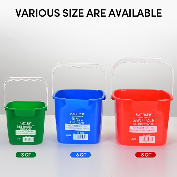 Matthew Detergent and Sanitizing Cleaning Bucket 6 Quart Plastic Pail,Set of 6 Square Containers,Built-in Spout w/Handle,Wash Rinse Sanitize Handwash Bucket for Home Office Commercial (Red&Green)
