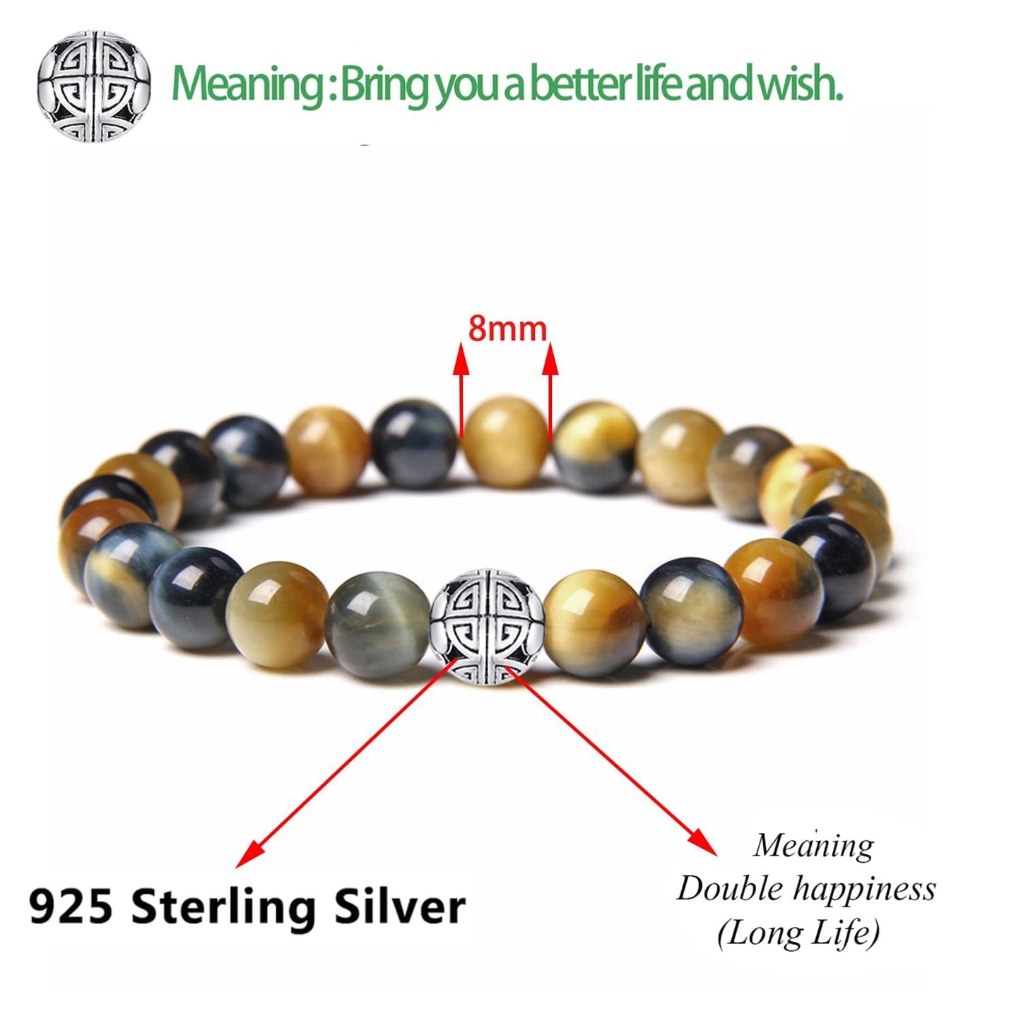 MetJakt Healing Crystals Beaded Bracelets for Womens Natural Gemstone 8mm Beads Stretch Bracelets with 925 Sterling Silver Double Happiness Pendant (Fantastic Tiger Eye Stone)
