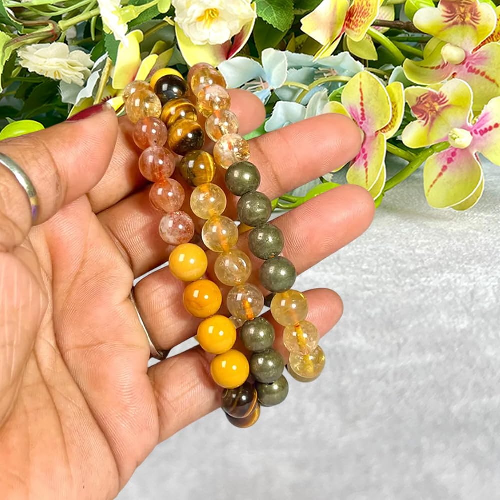 Solar Plexus Chakra Crystals Carnelian, Citrine, Tiger Eye, Peach Moonstone Round Beaded Stretchable Bracelet