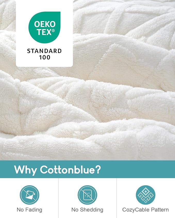Cottonblue Jacquard Weighted Blanket 15lbs for Queen Ded - Ultra Soft, Cozy Comfort Sherpa Blanket for Relax and Sleep, Heavy Bed Blankets with Cemaric Beads, 48x72 in 12 lbs, Cream White