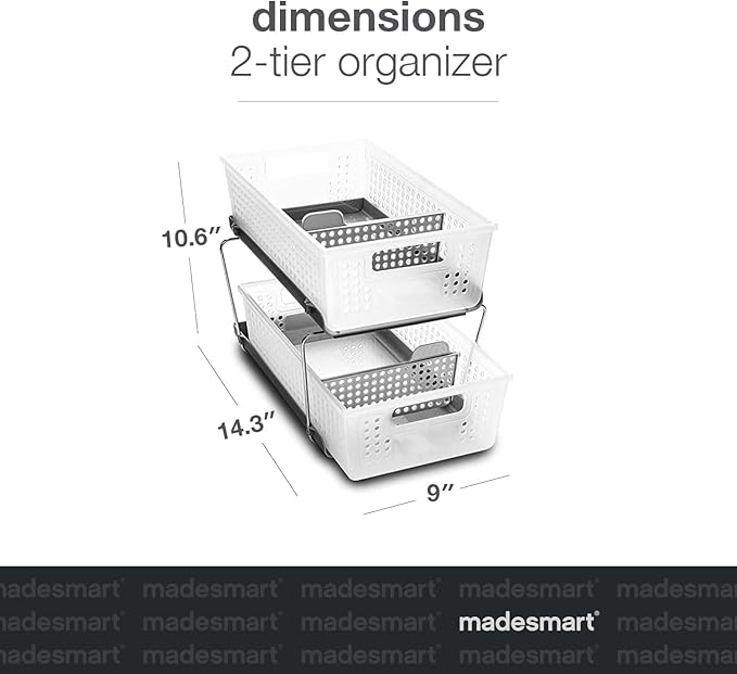 madesmart Stackable 2-Tier Organizer, 2 Pack, Multi-Purpose Slide-Out Storage with Extra Set of Legs, Handles and Dividers for Home and Bath, BPA Free, Frost 2 PACK