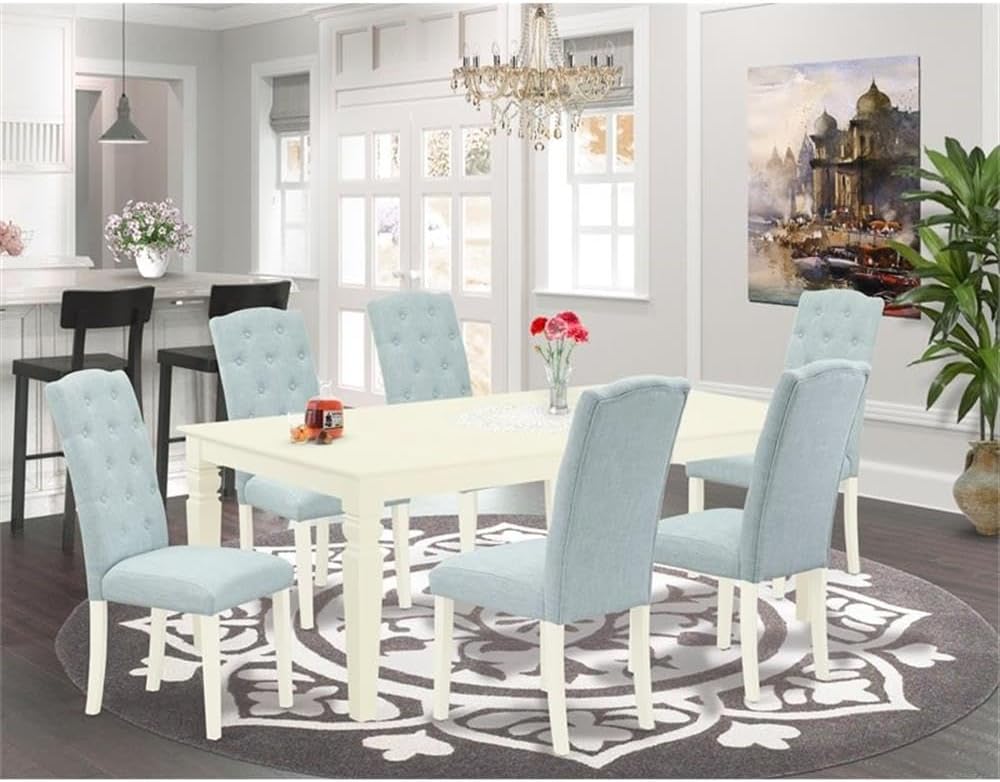 East West Furniture LGCE7-LWH-15 7 Piece Modern Dining Table Set Consist of a Rectangle Wooden Table with Butterfly Leaf and 6 Baby Blue Linen Fabric Parson Chairs, 42x84 Inch, Linen White