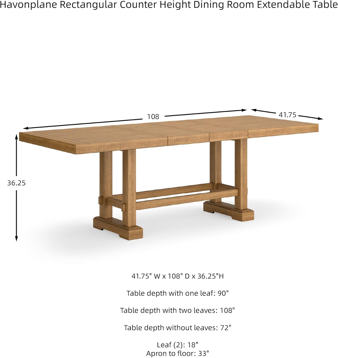 Signature Design by Ashley Havonplane Rustic Distressed Counter Height Dining Extension Table with Removable Center Leaf and Double Trestle Base, Light Brown