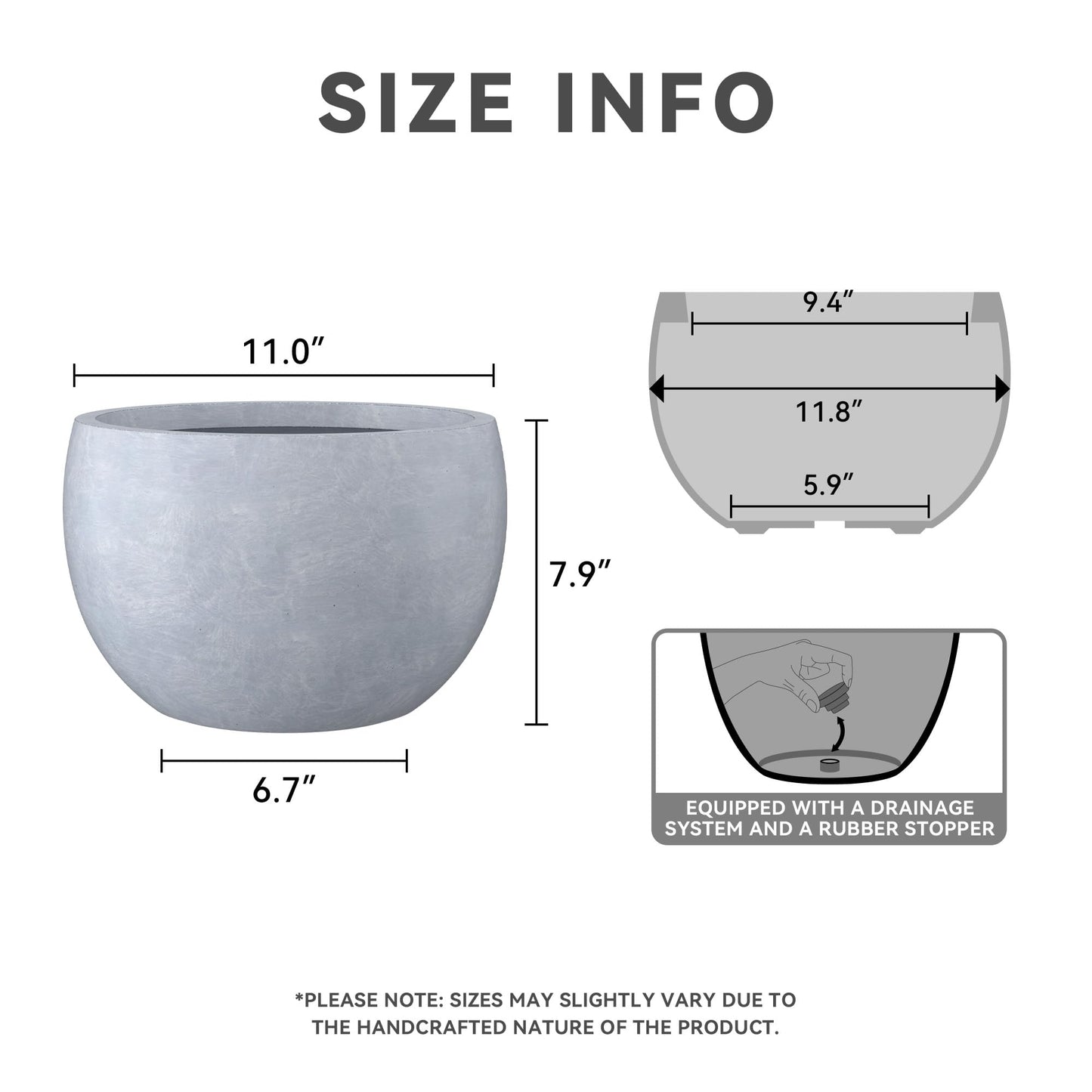 Kante 11.8" Dia Round Concrete Planter, Outdoor/Indoor Large Bowl Plant Pots with Drainage Hole and Rubber Plug for Garden Patio Balcony Home, Gray