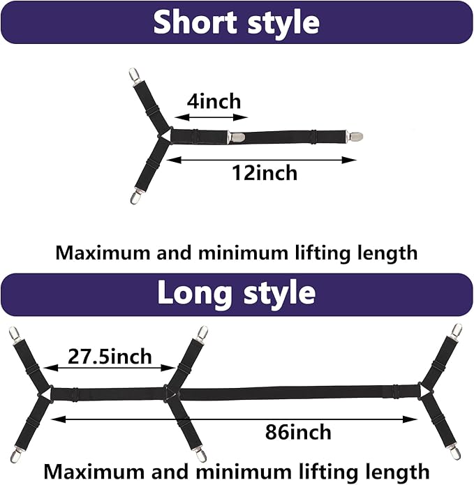Bed Sheet Straps,6 PCS Secure and Fitted Sheet Straps for Full Size Bed,Adjustable Sheet Clips Elastic Fasteners Holders for Corners,Enhance Your Sleeping Experience(Black)