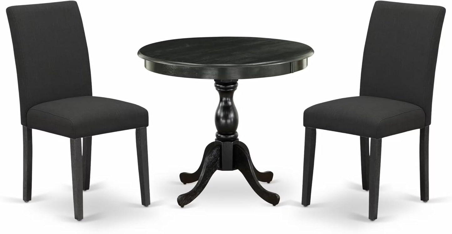 East West Furniture AMAB3-ABK-24 3 Piece Modern Dining Table Set Contains a Round Kitchen Table with Pedestal and 2 Black Color Linen Fabric Upholstered Chairs, 36x36 Inch, Wirebrushed Black
