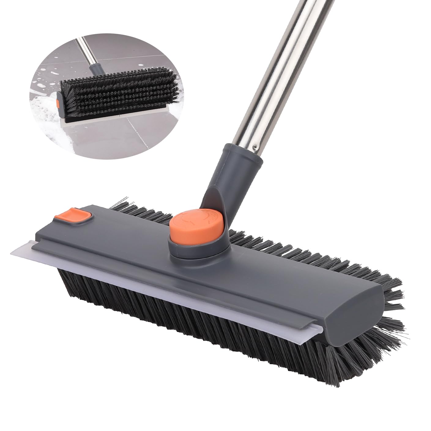 Floor Scrub Brush with 64" Long Handle - 360° Swivel Heads Household Push Brush with Squeegee and Right Angled Bristle for Cleaning Concrete Floors Grout Gardens Patio Deck Concrete Garage Heavy Duty
