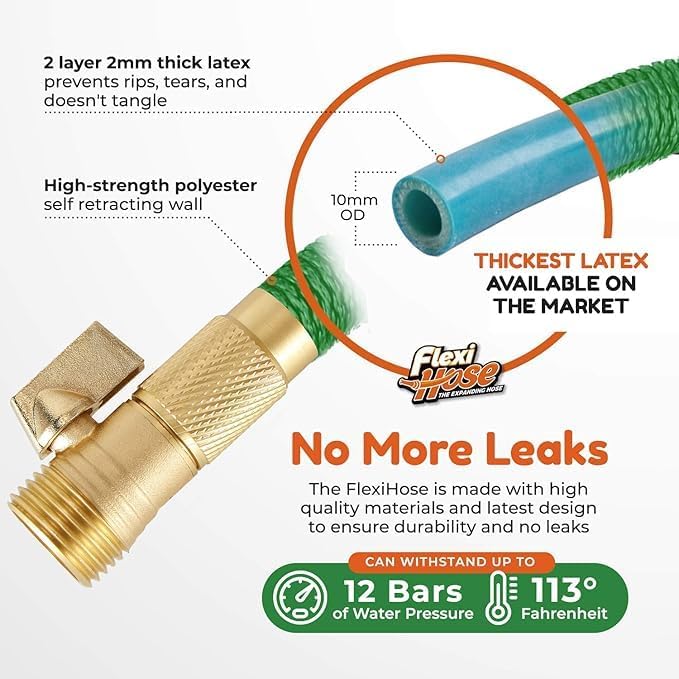 Flexi Hose with 8 Function Nozzle, 150FT - Lightweight Expandable Garden Hose, No-Kink Flexibility, 3/4 Inch Solid Brass Fittings and Double Latex Core - Green