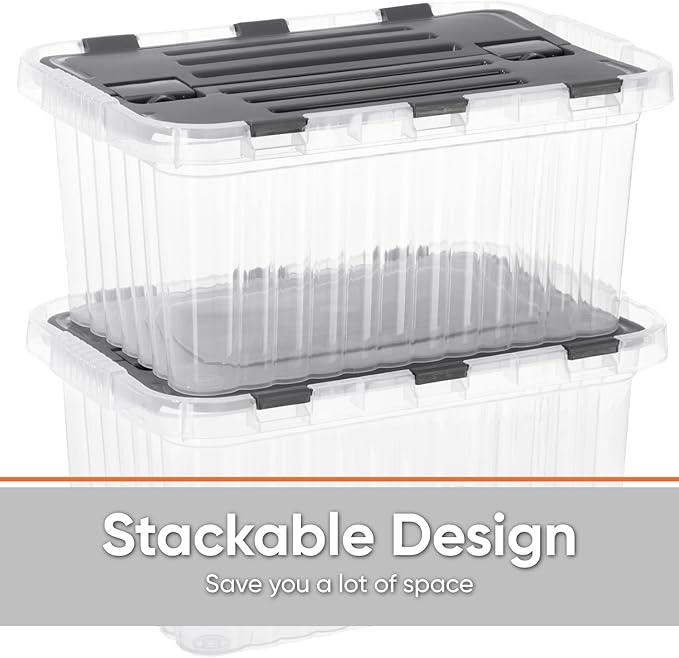 Superio Storage Box with Hinged Lids, Plastic Container Bins for Organizing with Attached Lid, Stackable Crates, BPA Free, Organizers for Home, 35 Quart (Clear with Grey Lids, 20.25"x14"x10.5")
