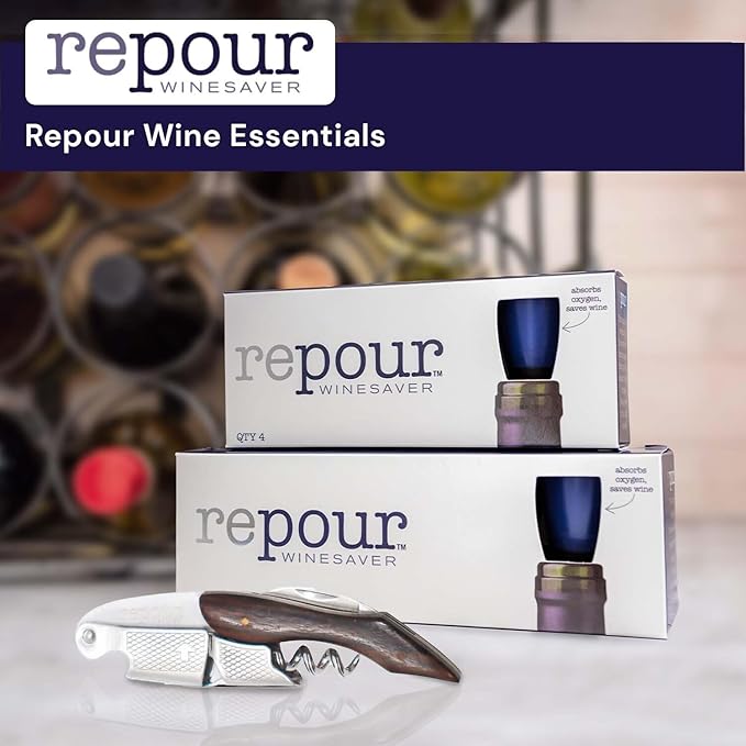 Repour Wine Essentials Combo Pack - Premium Corkscrew & Saver | Manual Key Removes Corks, Stopper Preserves Easily | Perfect for Lovers and Enthusiasts (Mahogany 4 Pack)