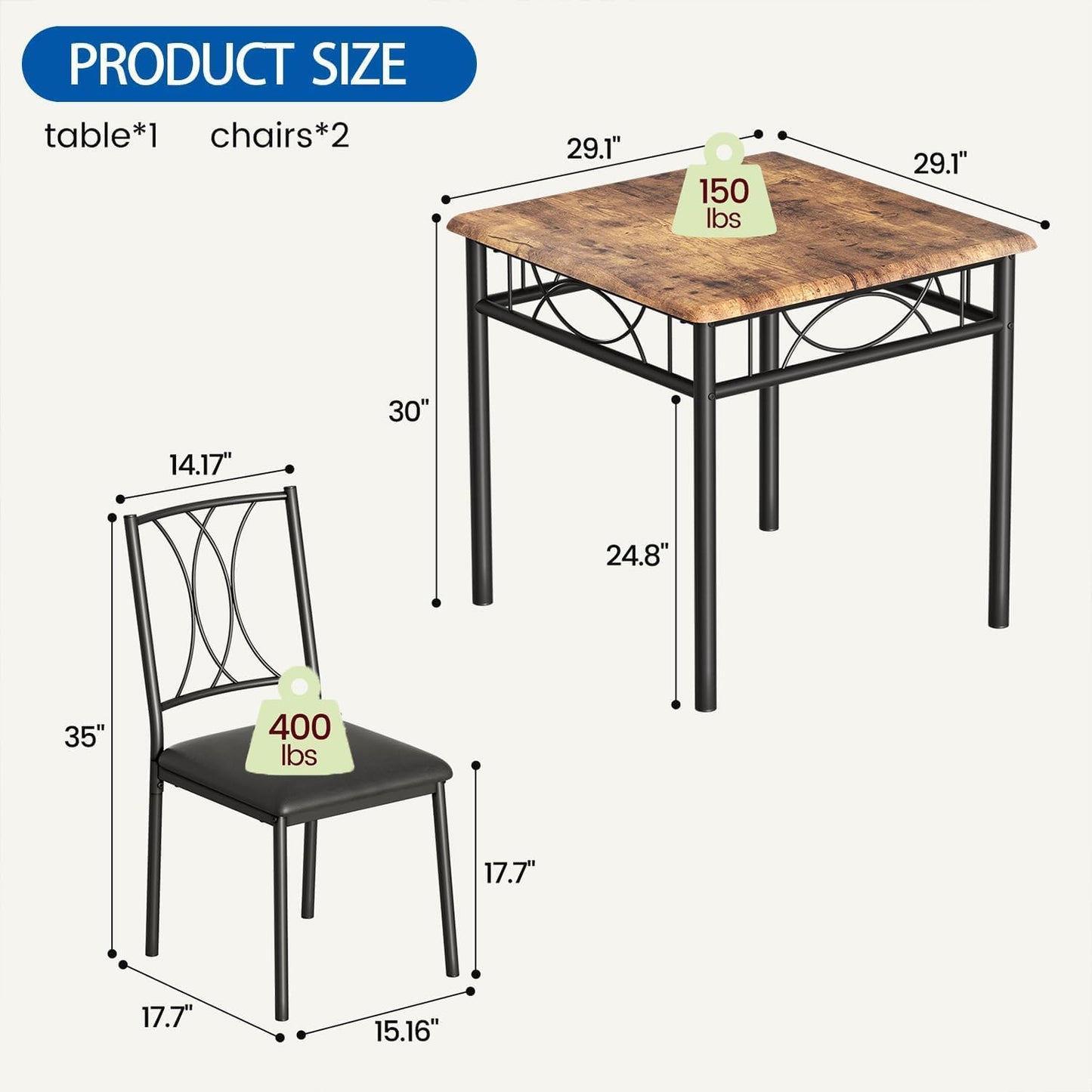IDEALHOUSE Dining Table Set for 2, Square 3 Piece Kitchen Room Sets with 2 Upholstered Chairs, Compact Dining Room Table Set for Apartment, Small Space, Retro Brown