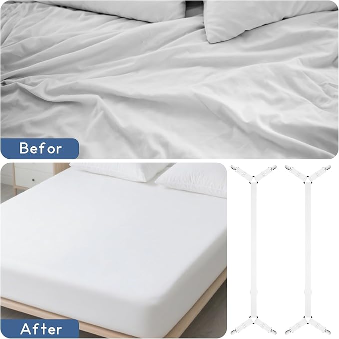 CHRORINE Bed Sheet Holder Straps Adjustable Sheet Fasteners Clips Keep Bedding Stays in Place, 6 Pcs/Set, White