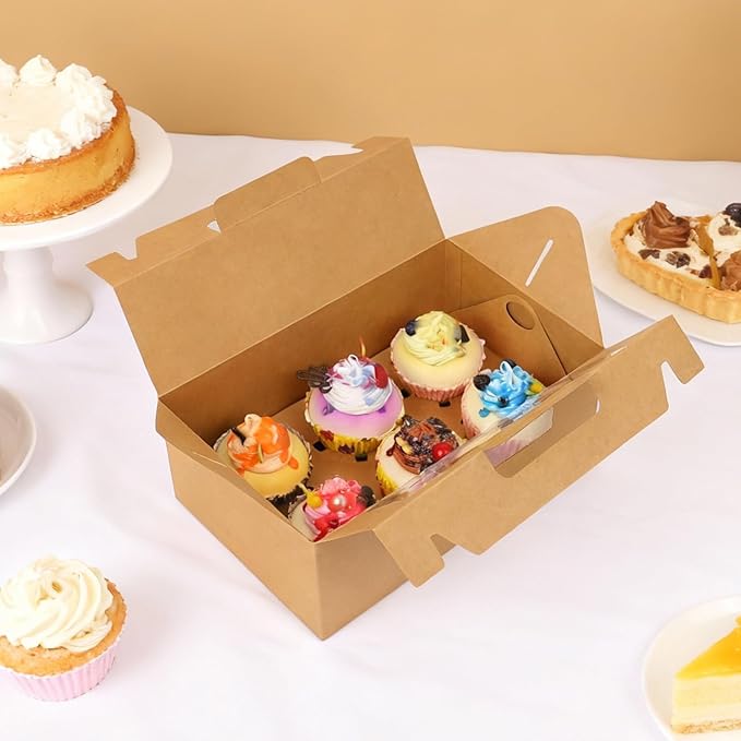 FORBFAN 50 Pcs Cupcake Boxes 6 Count with Handle, Kraft Portable Muffin Boxes, Gable Party Favor Treat Boxes for Wedding Birthday Party