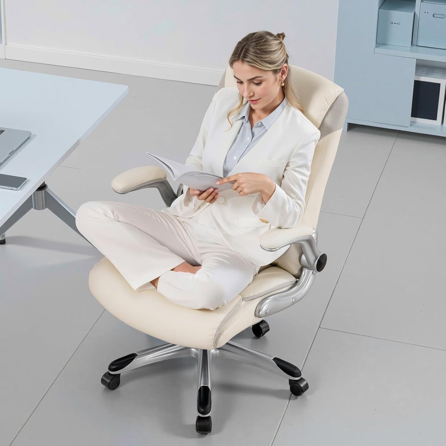 COMHOMA Big and Tall Office Chair, High Back Leather Executive Chair with Pocket Spring Lumbar Support and Flip-up Armrests, Swivel Managerial Office Chair with Adjustable Height， Beige