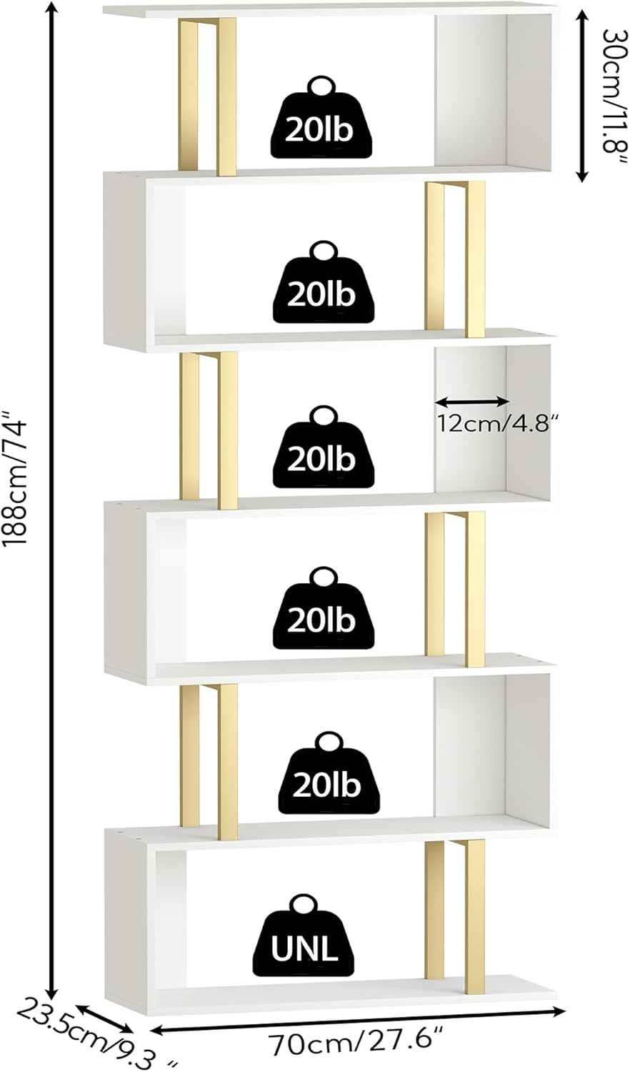 Yusong Geometric Bookcase, S Shaped Bookshelf 6-Tier Book Shelves for Bedroom, Modern Wood Decorative Display Shelf Tall Book Case for Home Office, Gold and White