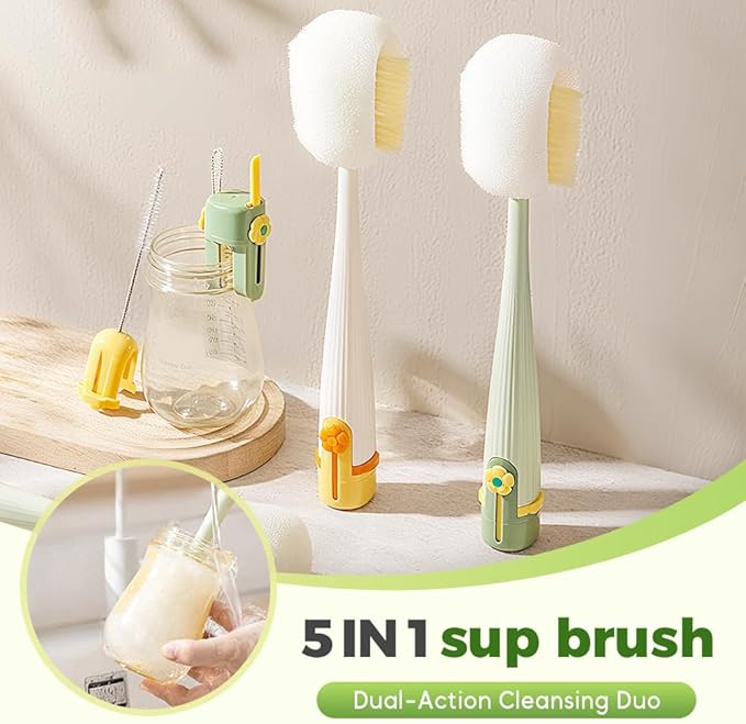 5 in 1 Bottle Cleaning Brush Set, 2025 Multifunctional Lid Brush Cleaning Tool Kitchen, Portable Long Handle Bottles Scrubber for Cup Lids, Hard Bristle Sponge Head Bottle Brushes (White)