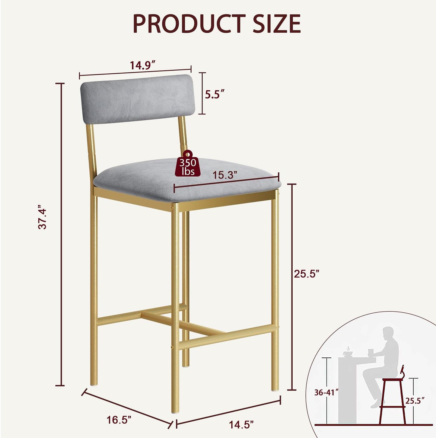 GarveeHome Bar Stools Set of 2, Upholstered Counter Height Bar Stools with Backrest and Footrest, Kitchen Barstools for Island, Counter Bar, Easy Assembly, Gold-Gray