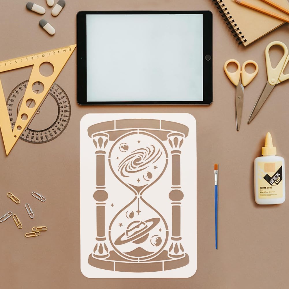 FINGERINSPIRE Planets Hourglasses Painting Stencil with Brush 8.3x11.7inch Plastic PET Sand Stars Pattern Drawing Template Decorative Hollowed Science Theme Stencil for Painting on Wood Canvas