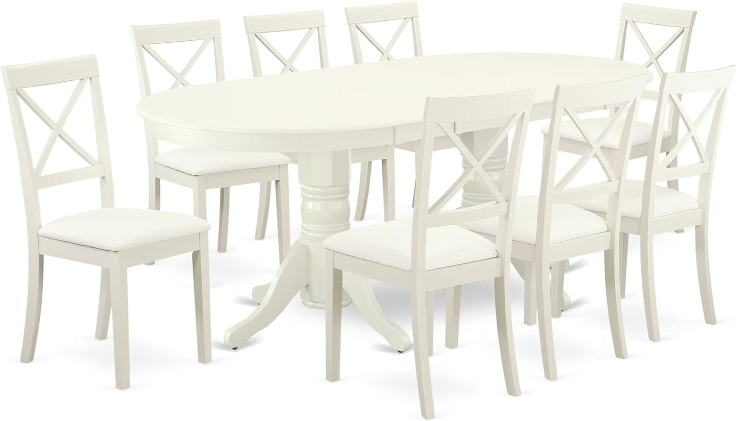 East West Furniture VABO9-LWH-LC 9 Piece Dining Set Includes an Oval Dining Room Table with Butterfly Leaf and 8 Faux Leather Upholstered Kitchen Chairs, 40x76 Inch, Linen White