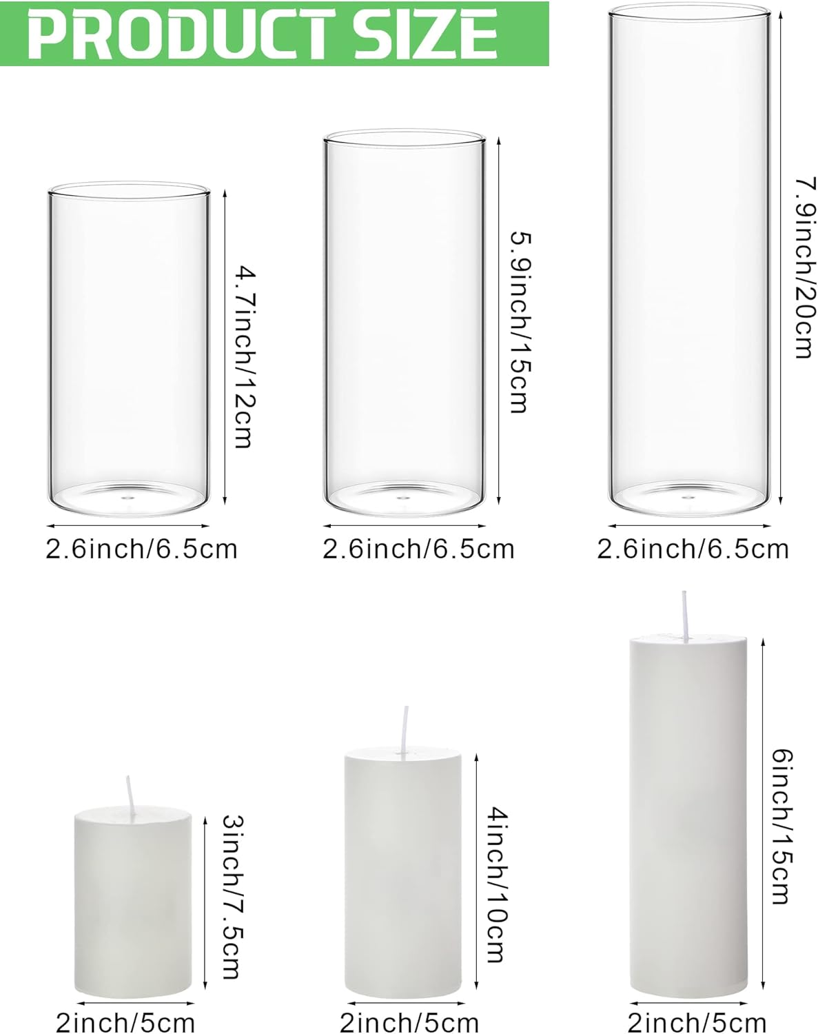 Shihanee 36 Pcs Pillar Candles and Glass Cylinder Vases Tall Cylinder Holders for Pillar Candles Wedding Centerpieces, Total 18 Sets(2.6'' X 4.7'', 5.9'', 7.9'',Clear,White)