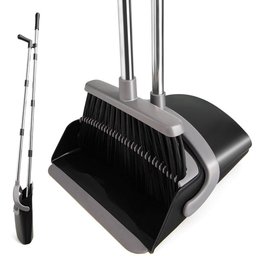 XXFLOWER Broom and Dustpan Set, Long Handle Lightweight Dustpans with Broom Combo for Home, Indoor&Outdoor Sweeping for Home Room Kitchen Office Lobby (Charcoal)