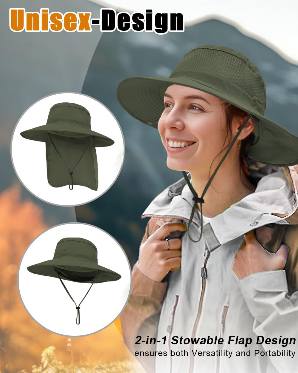 Outdoor Sun Hats with Stowable Neck Flap for Men Women UPF 50+ Mesh Summer Bucket Hat Wide Brim for Fishing Safari Hiking