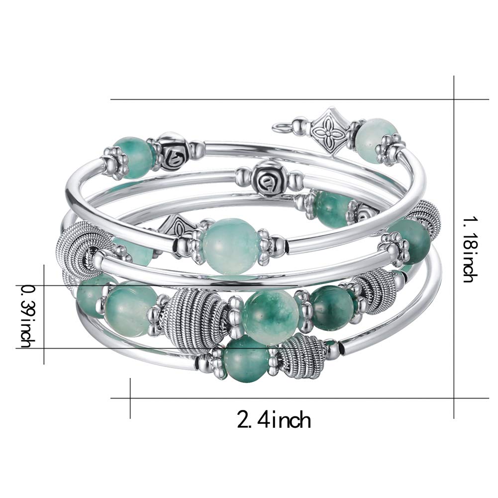 PEARL&CLUB Beaded Chakra Bangle Turquoise Bracelet - Fashion Jewelry Wrap Bracelet with Thick Silver Metal and Mala Beads, Birthday Gifts For Women(Jade Green)