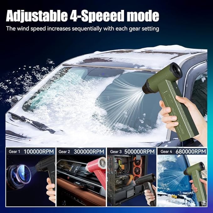 Compressed Air Duster 480000RPM Electric Air Duster Variable Speed 580G 4 Gear Adjustable Rechargeable Cordless Jet Dry Blower Turbo Fan Dryer Cleaning Air Blower Mini Car Vacuum Cleaner Black Knight
