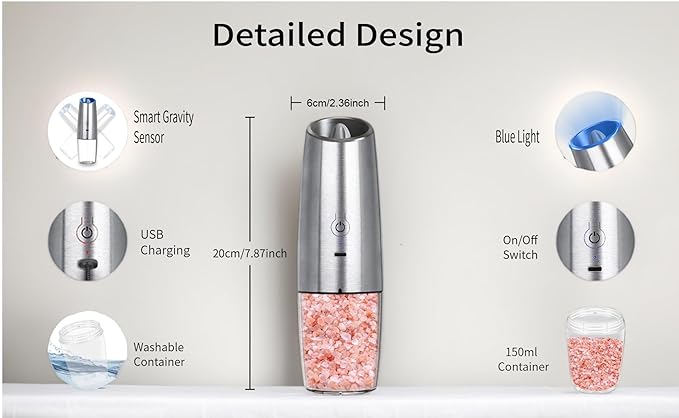 Electric Salt & Pepper Grinder,Spice Grinde USB-Rechargeable with Gravity-Activated LED Light, 150ml Silver Model for Kitchen Cooking, Travel, and Gatherings