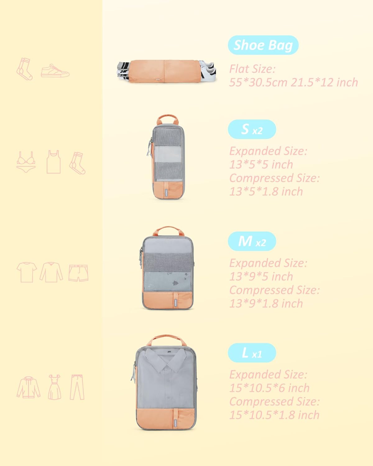 BAGSMART 6 Set Compression Packing Cubes - Lightweight Travel Essentials, Durable Luggage Organizer