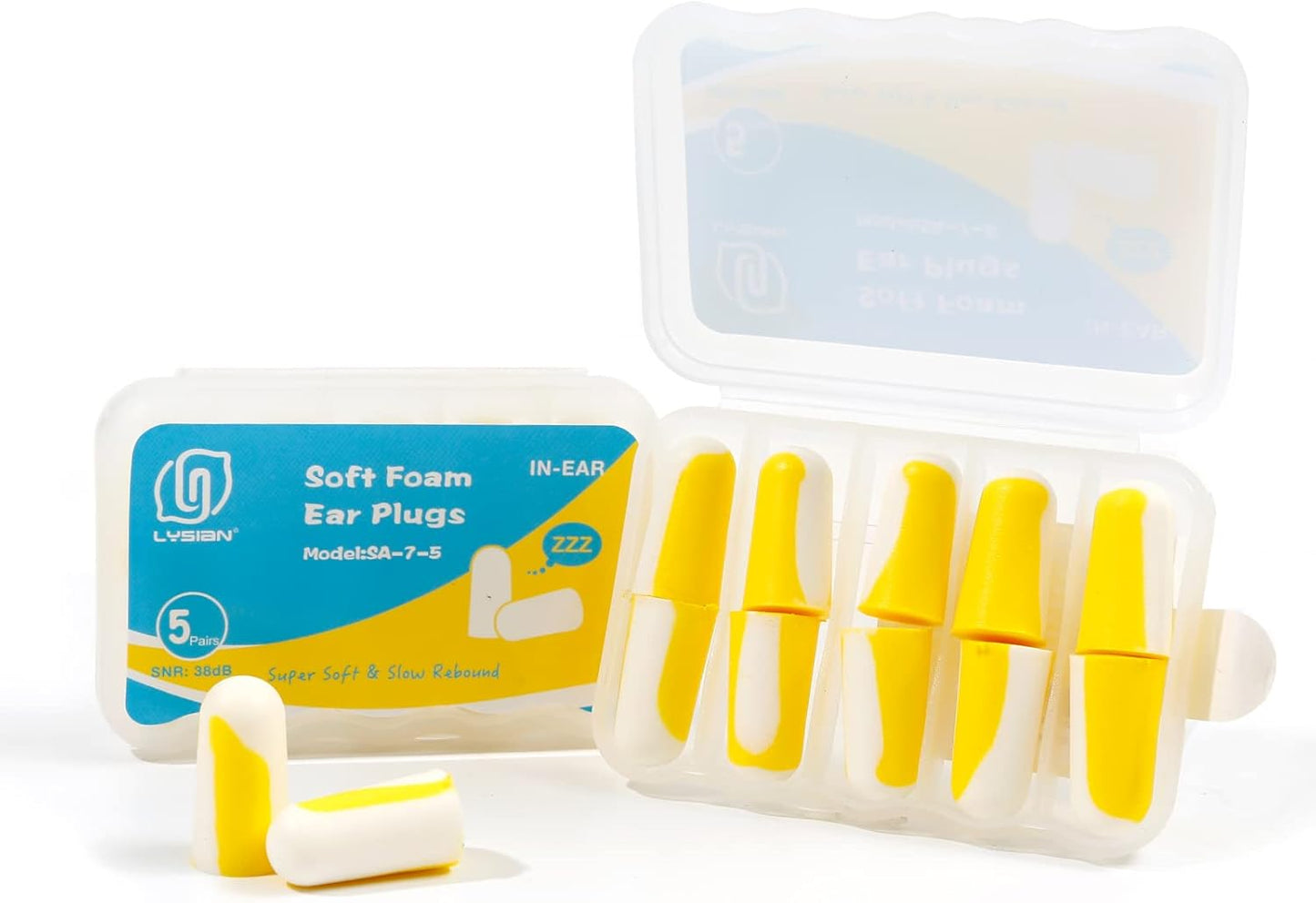 LYSIAN Ultra Soft Foam Earplugs Sleep 5 Pairs, 38dB Noise Reduction Ear Plugs for Sleeping, Snoring,Travel and Gun Shooting Range (Yellow/White)
