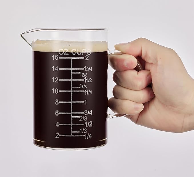 Ackers Etched Graduated Glass Measuring Cup - [Insulated Handle | V-Shaped Spout] - High Borosilicate Glass Measuring Cup for Kitchen or Dining, Easy to Read, 500 ML (16 Oz, 2 Cup)
