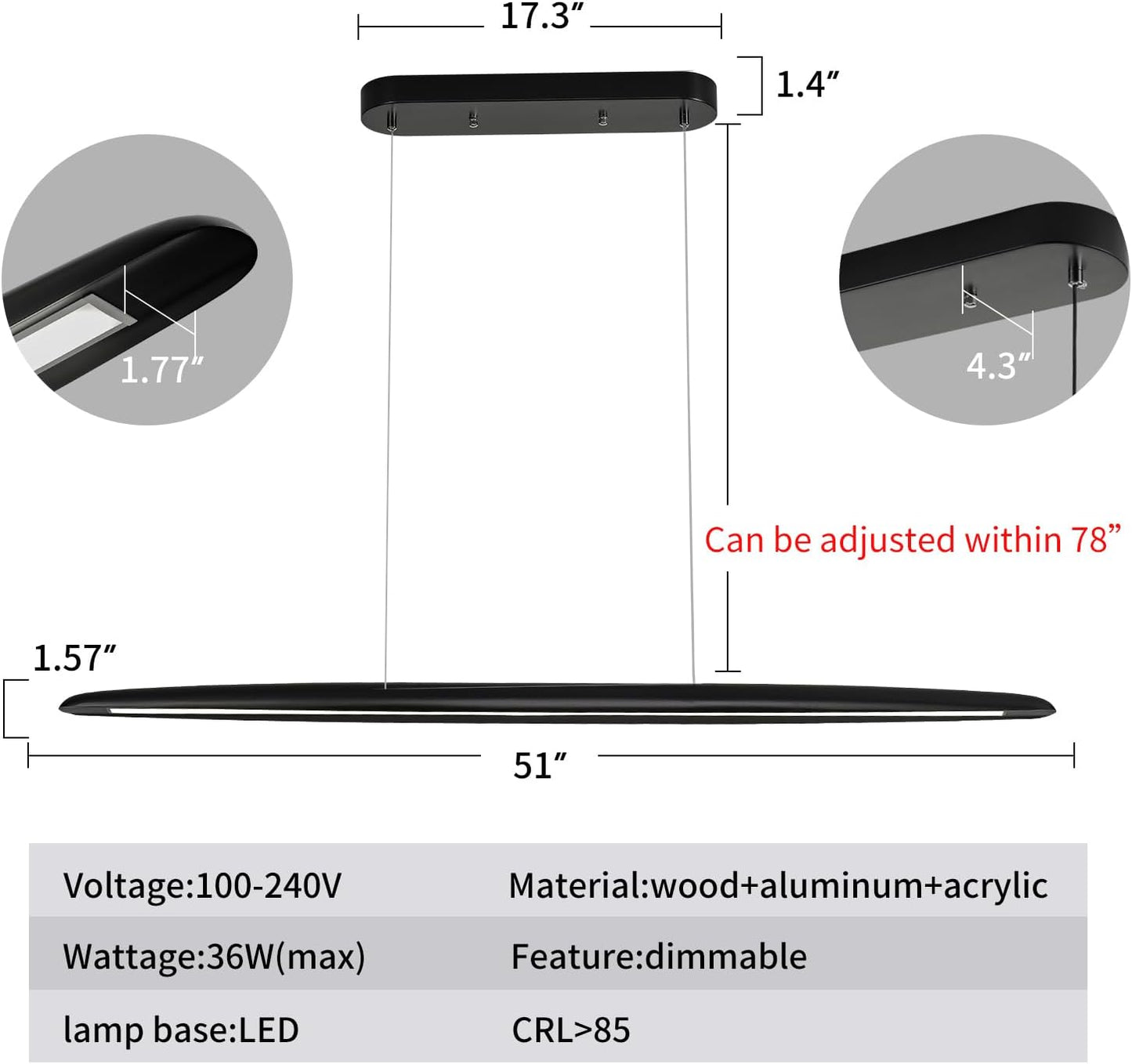 51" Wood Linear Pendant Light Black Linear Pendant Dinning Room Hanging Lights LED Dimmable Chandeliers 36w for Dining Room Pool Table Lights Kitchen Island Light Black