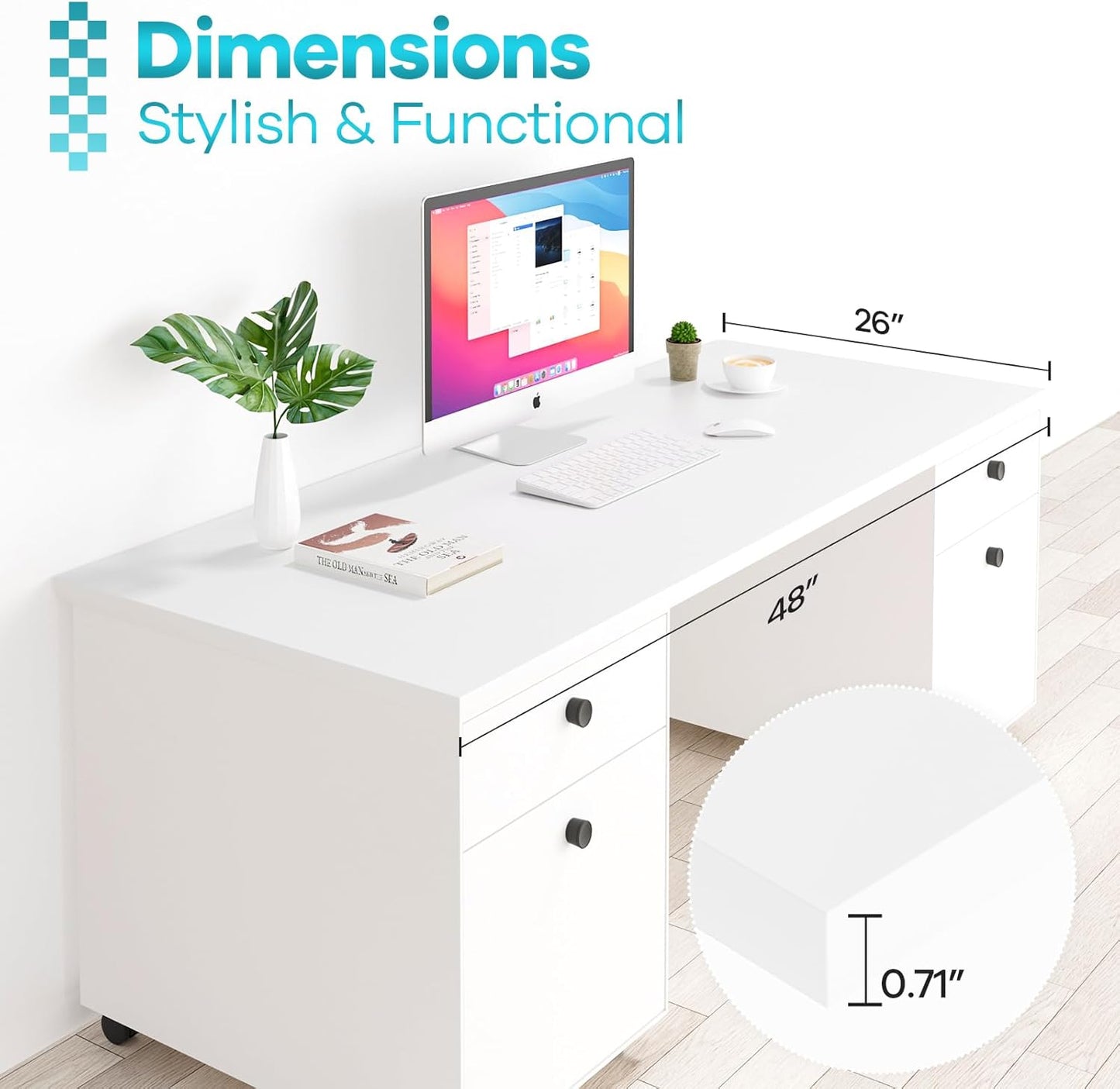 Kaboon 48"x26" Universal Table Top, Solid One-Piece Desktop, Reversible Melamine Countertop, Double Desks, L-Desk DIY, White