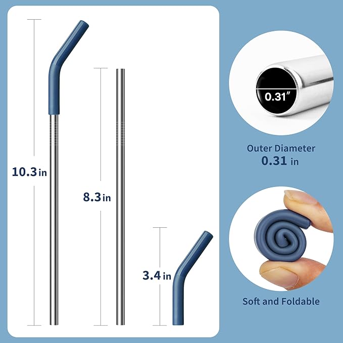 20 oz Straw for YETI Tumbler, Metal Straight Straws Reusable with Silicone Tip for 16/20 oz Glass Tumbler, Cleaning Brush, 1 Portable Bag