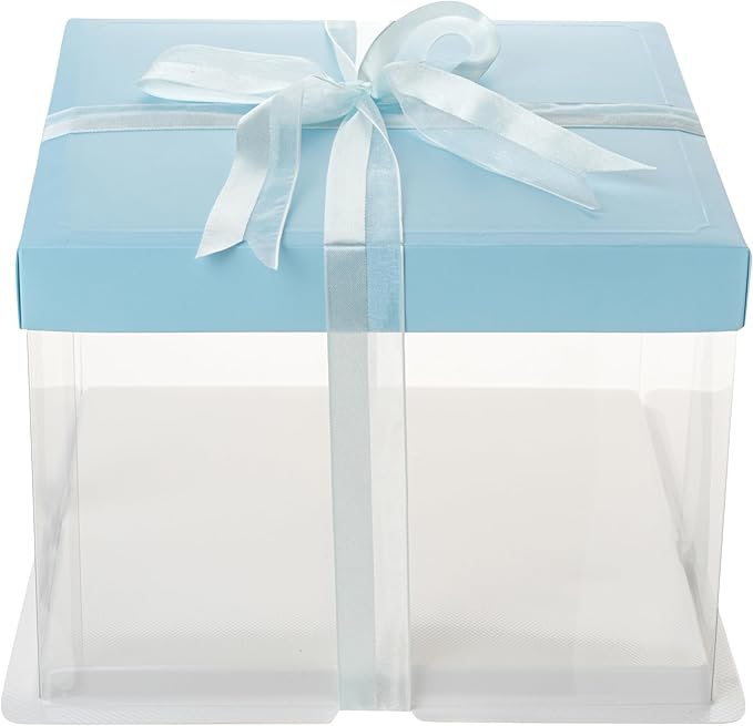 Restaurantware Sweet Vision 8.5 Inch x 6.75 Inch Transparent Cake Boxes, 10 Grease Resistant Base Clear Cake Boxes - Blue Lid, Blue Ribbon, Plastic Birthday Cake Boxes, For Weddings Or Birthdays