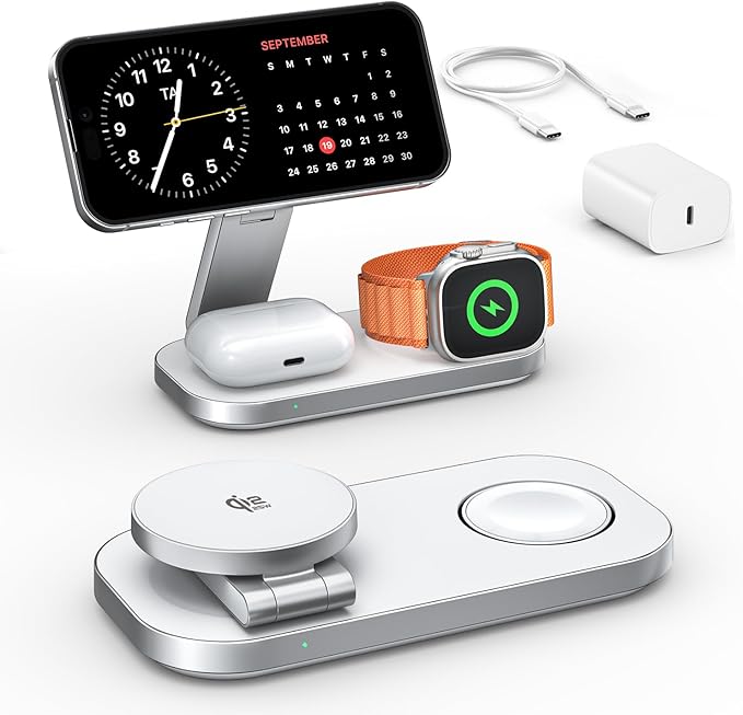 3-in-1 Charging Station for Apple Device, Qi2 25W Magnetic Wireless Foldable Fast Charger Stand Compatible with MagSafe for iPhone Air/17/16/15/14/13/12 Series, Apple Watch & AirPods