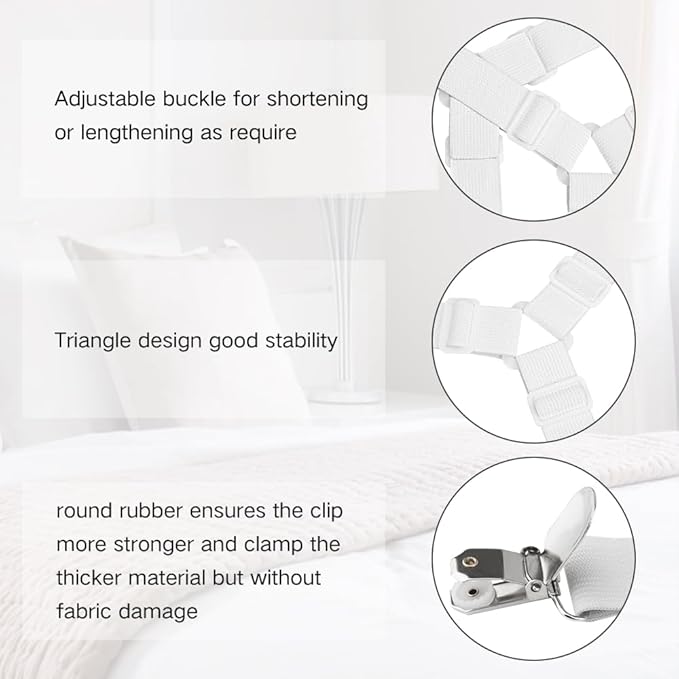 Foloda Sheet Holders Straps, 4 pcs Adjustable Bed Sheet Holder for Corners, Fitted Sheet Straps Fasteners Clips Suspenders Lock Gripper Scrunchie, Keep Sheet in Place