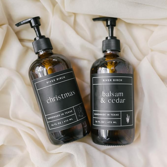 River Birch Fraser Fir Scented Natural Hand Soap - Handmade Soap - Moisturizing Hand Wash with Amber Glass Dispenser - Luxury Scented Hydrating Hand Soap - Vegan and Non-Toxic -16 Fl Oz