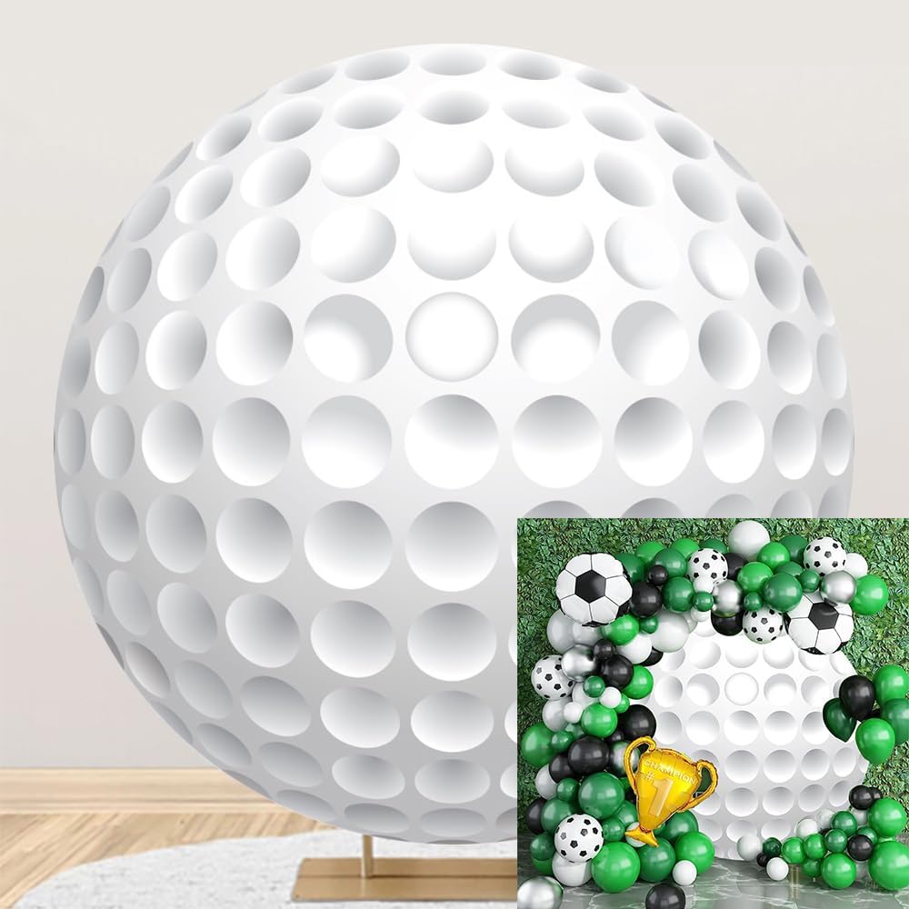 Laeacco 7.2x7.2ft Golf Theme Round Backdrop White Golf Ball Circle Backdrop Cover Golf Sports Themed Birthday Photo Background for Men Women Birthday Sports Match Games Club Party Portrait Booth Props