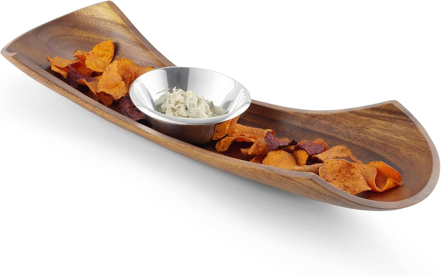 Nambé Canu Chip & Dip – Acacia Wood Base with Removable Alloy Bowl for Heating or Chilling, Entertaining Serving Tray for Chips, Snacks, Appetizers, or Hors d’Oeuvres, Stylish Table Accent