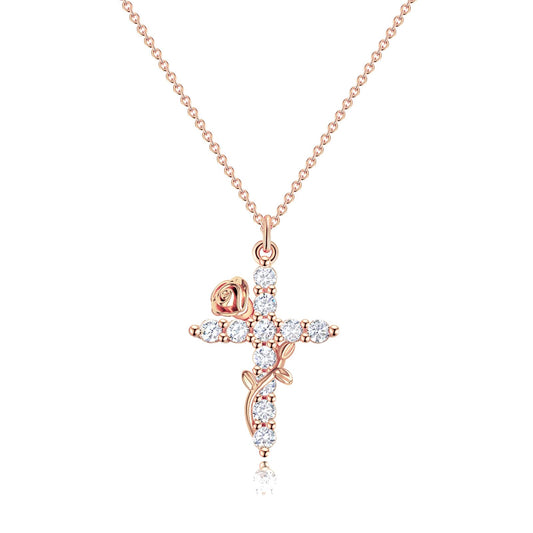 Robaice Easter Basket Stuffers Flower Cross Necklace for Women, Rose Gold Plated Dainty Cubic Zirconia Faith Cross Pendant, Christian Religious Jewelry Gifts